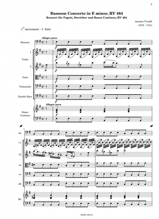 Bassoon Concerto in E minor, RV 484, basso continuo part
