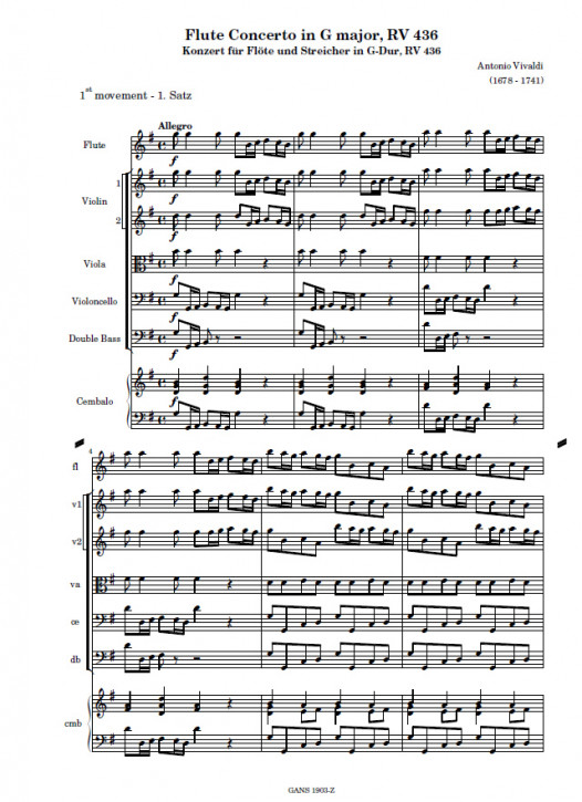 Flute Concerto in G major, RV 436, violin 1 part